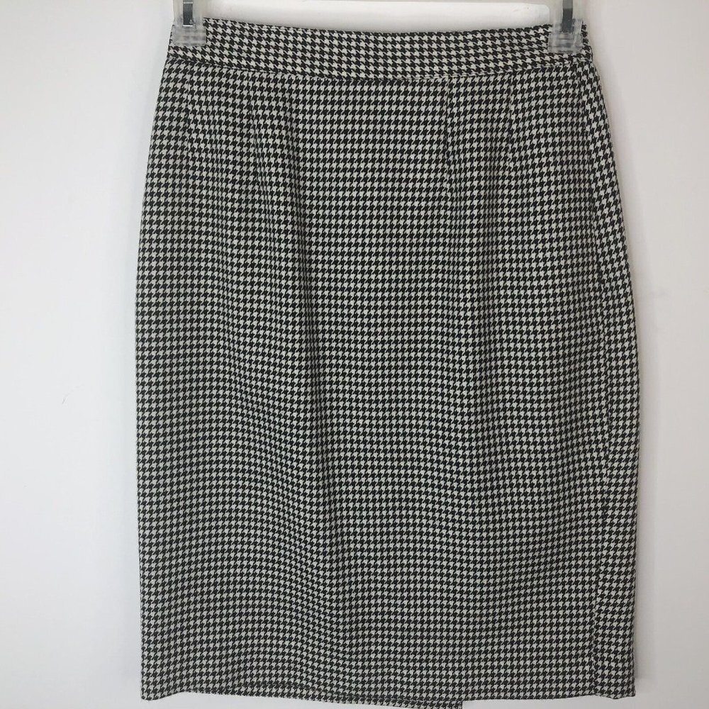 Vintage International Connections Skirt Sz 8 Wool Blend Pencil Black Houndstooth
